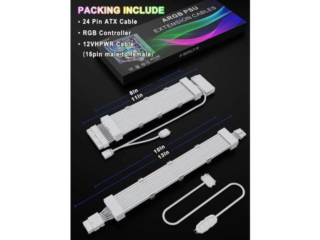 Alt view image 12 of 14 - RGB 12VHPWR Cable Set,ARGB PSU Cable Extension of Soft LED Strip Include 24Pin Motherboard,16 Pin GPU Power Supply Cables,for RTX 40 50 Series PC Custom,Male to Female