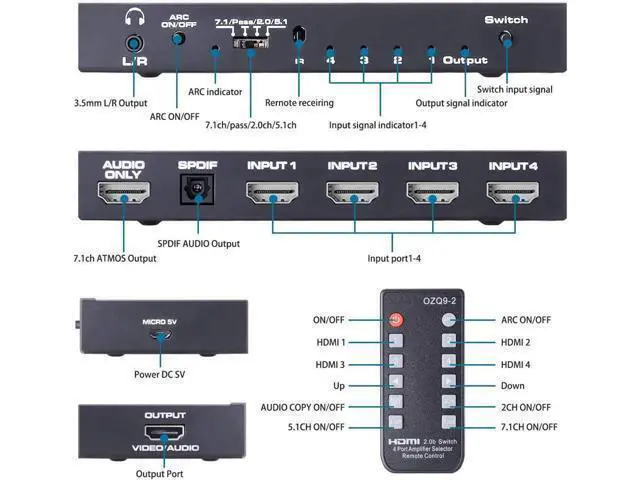 Alt view image 7 of 12 - HDMI Switch 4x1 with Audio Extractor 4K@60Hz Ultra HD HDMI Switcher with Optical TOSLINK SPDIF 3.5mm Audio Support ARC Function 3D 1080P @120Hz 4Kx2k@60HzHDTV(IR Wireless Remote Control)
