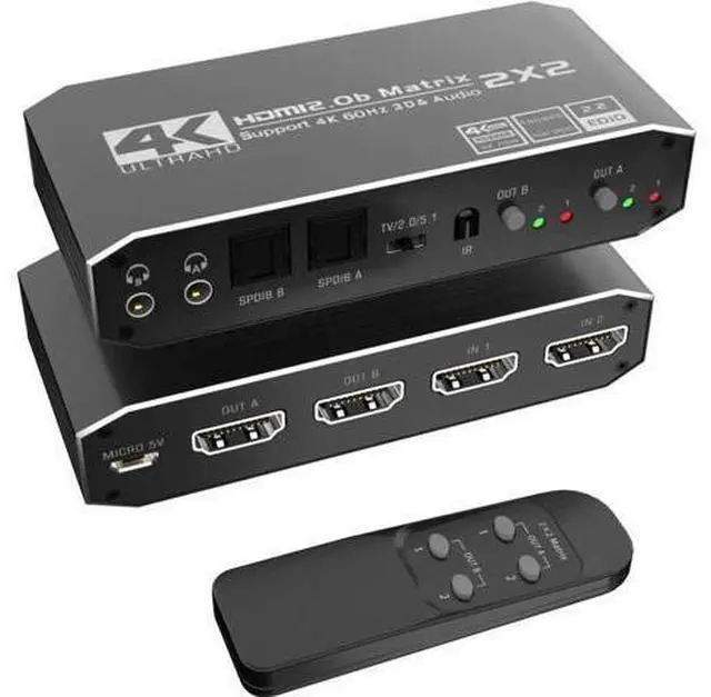 Alt view image 8 of 14 - 2x2 4K HDMI Switch, 2x2 HDMI Matrix Switcher, 4K 60Hz Video Switcher 2 in 2 Out Splitter Support Optical and 3.5mm Audio Output with IR Remote Controller Compatible with 3D, HDMI 2.0b, HDCP 2.2