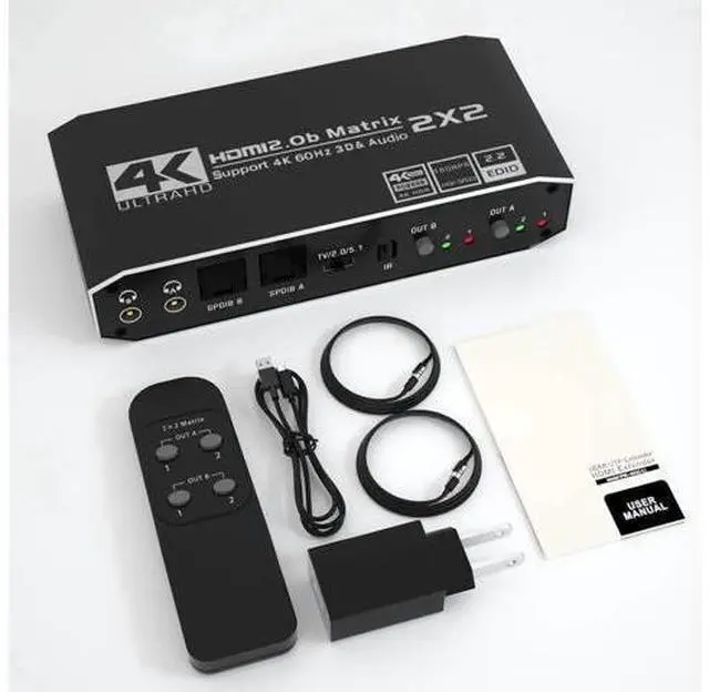 Alt view image 11 of 14 - 2x2 4K HDMI Switch, 2x2 HDMI Matrix Switcher, 4K 60Hz Video Switcher 2 in 2 Out Splitter Support Optical and 3.5mm Audio Output with IR Remote Controller Compatible with 3D, HDMI 2.0b, HDCP 2.2