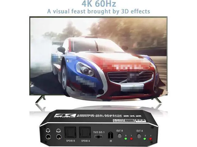 Alt view image 12 of 14 - 2x2 4K HDMI Switch, 2x2 HDMI Matrix Switcher, 4K 60Hz Video Switcher 2 in 2 Out Splitter Support Optical and 3.5mm Audio Output with IR Remote Controller Compatible with 3D, HDMI 2.0b, HDCP 2.2