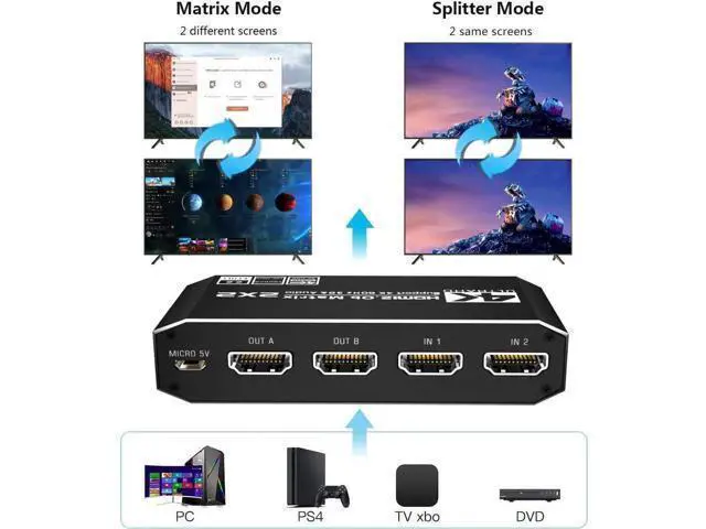 Alt view image 13 of 14 - 2x2 4K HDMI Switch, 2x2 HDMI Matrix Switcher, 4K 60Hz Video Switcher 2 in 2 Out Splitter Support Optical and 3.5mm Audio Output with IR Remote Controller Compatible with 3D, HDMI 2.0b, HDCP 2.2