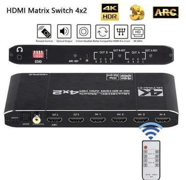 Alt view image 8 of 14 - 4K@60Hz 4x2 HDMI Matrix Switch, HDMI 2.0b Matrix Switch 4 in 2 Out, 4K HDMI Switcher Splitter + Coaxial + Optical and 3.5mm L/R Audio Output, Scaler EDID with Remote, HDCP2.2, HDR 10