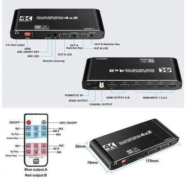 Alt view image 10 of 14 - 4x2 HDMI 4K Matrix Switch/Splitter 4-Input 2-Output with Remote Control Supports Ultra HD 4K@60Hz 4:4:4 HDR YUV HDMI 2.0 HDCP 2.2 3D, 1080p 18GBPS - ARC/SPDIF Coaxial 3.5mm Stereo Audio