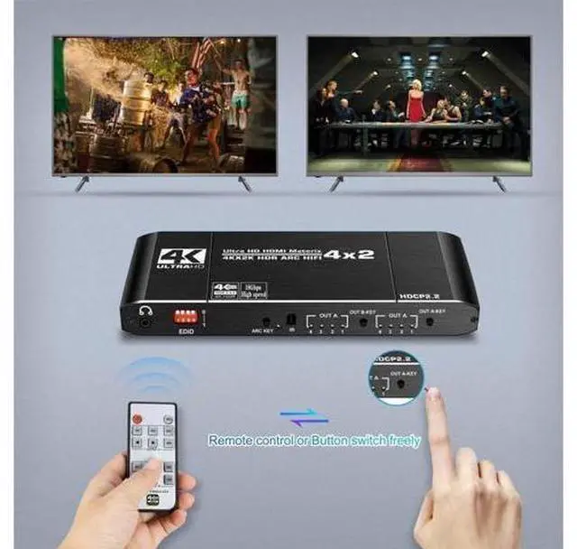 Alt view image 12 of 14 - 4x2 HDMI 4K Matrix Switch/Splitter 4-Input 2-Output with Remote Control Supports Ultra HD 4K@60Hz 4:4:4 HDR YUV HDMI 2.0 HDCP 2.2 3D, 1080p 18GBPS - ARC/SPDIF Coaxial 3.5mm Stereo Audio