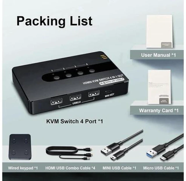 Alt view image 14 of 14 - 4 Port HDMI KVM Switch for 4 Computers 1 Monitor, 4 in 1 Out HDMI KVM Switches Support UHD 4K@30HZ with 3 USB 2.0 Port to Share Keyboard Mouse Printer, with Remote Control&Button Switch, Support EDID