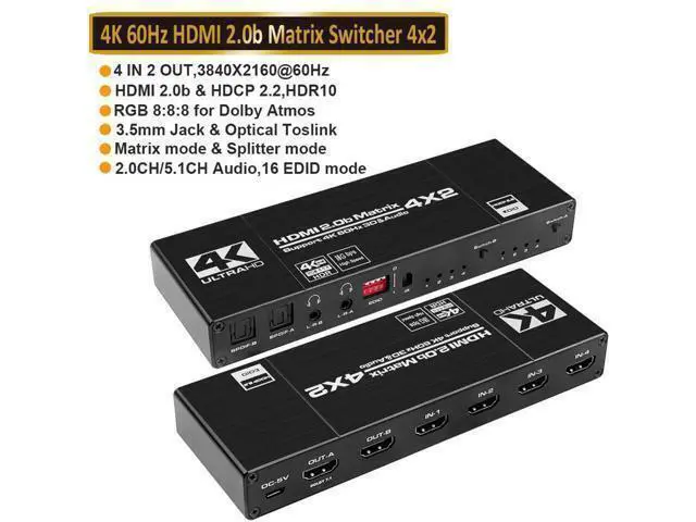 Alt view image 8 of 14 - 4x2 HDMI Matrix Switch 4K - 4K 60Hz RGB 8:8:8(Dolby ATMOS), 18Gbps, HDR10, Control via Remote, 2xSPDIF Audio, 2x3.5mm L/R Audio Audio Extractor, 4 in 2 Out Video Matrix Switch (OZJ1-1)