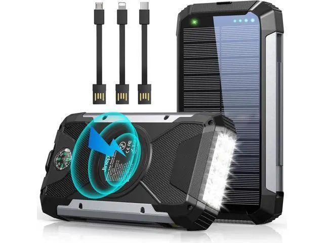 Alt view image 8 of 14 - Solar Charger 38600mAh,Solar Power Bank Wireless Portable Charger Built in 3 Cables External Battery Pack Waterproof with 4 Outputs 2 Inputs USB C 15 W 5V/3A Battery Bank with Camping Light Compass