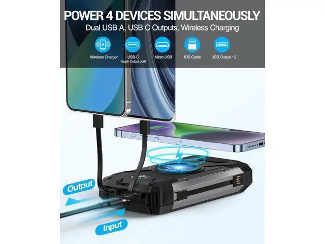 Alt view image 9 of 14 - Solar Charger 38600mAh,Solar Power Bank Wireless Portable Charger Built in 3 Cables External Battery Pack Waterproof with 4 Outputs 2 Inputs USB C 15 W 5V/3A Battery Bank with Camping Light Compass