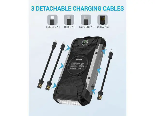 Alt view image 11 of 14 - Solar Charger 38600mAh,Solar Power Bank Wireless Portable Charger Built in 3 Cables External Battery Pack Waterproof with 4 Outputs 2 Inputs USB C 15 W 5V/3A Battery Bank with Camping Light Compass