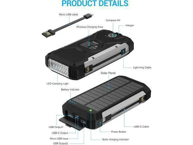 Alt view image 14 of 14 - Solar Charger 38600mAh,Solar Power Bank Wireless Portable Charger Built in 3 Cables External Battery Pack Waterproof with 4 Outputs 2 Inputs USB C 15 W 5V/3A Battery Bank with Camping Light Compass