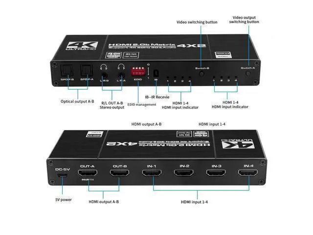 Alt view image 9 of 14 - 4x2 HDMI Matrix Switch 4K - 4K 60Hz RGB 8:8:8(Dolby ATMOS), 18Gbps, HDR10, Control via Remote, 2xSPDIF Audio, 2x3.5mm L/R Audio Audio Extractor, 4 in 2 Out Video Matrix Switch (OZJ1-1)