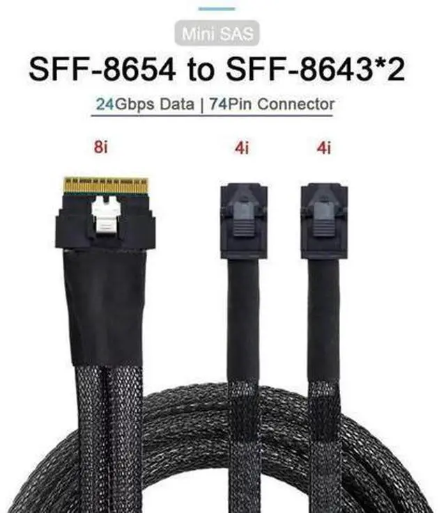 Alt view image 13 of 14 - PCIe 4.0 Slimline SAS SFF-8654 8i (74Pin) to Dual SFF-8643 4i Mini SAS HD Cable, 50cm High-Speed Server Storage Cable