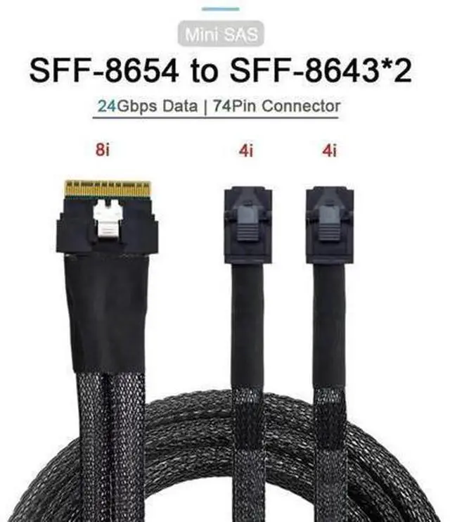 Alt view image 13 of 14 - 50cm PCIe 4.0 Ultraport Slimline SAS Fanout Cable, SFF-8654 8i 74Pin Host to Dual SFF-8643 4i Mini SAS HD Target Server Storage Cable