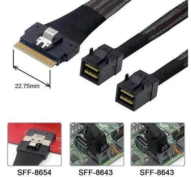 Alt view image 14 of 14 - 50cm PCIe 4.0 Ultraport Slimline SAS Fanout Cable, SFF-8654 8i 74Pin Host to Dual SFF-8643 4i Mini SAS HD Target Server Storage Cable