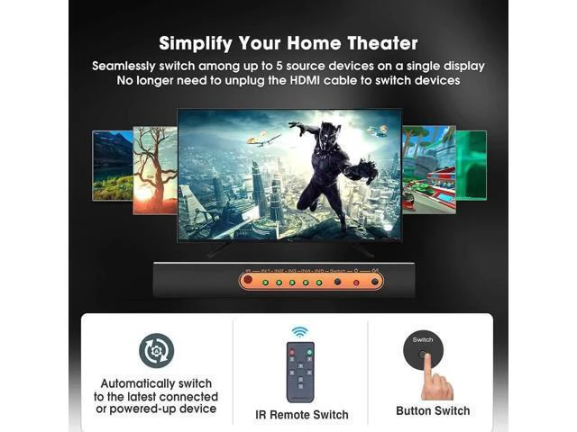 Alt view image 13 of 14 - 4K @60Hz HDMI Switch 5 Port Premium 5 in 1 Out 4K HDMI Switcher with IR Remote Support Auto-Switch, HDMI 2.0,HDCP 2.2,UHD,HDR,Full HD,3D,1080P (Upgraded Version)