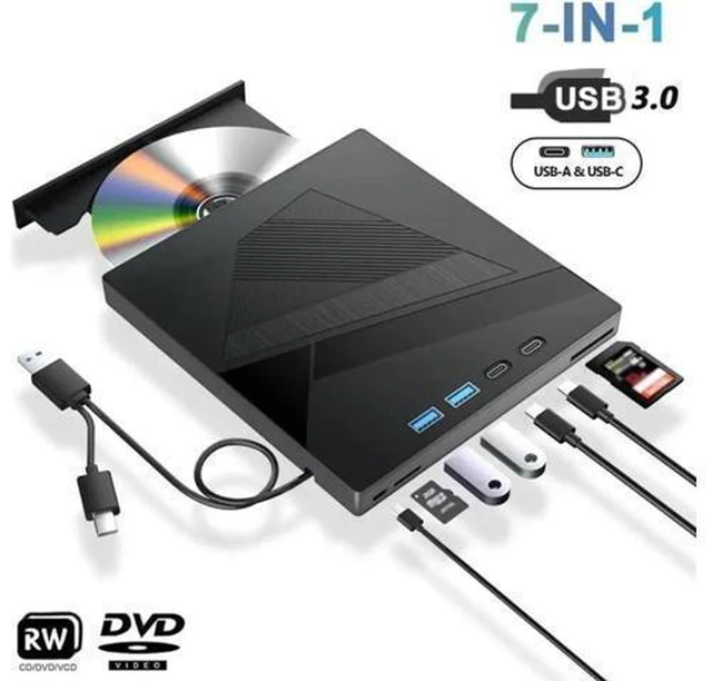 Alt view image 8 of 14 - 7-in-1 External CD/DVD Drive for Laptop, USB 3.0 and Type-C Portable DVD Player CD/DVD +/-RW Burner,Reader Rewriter Writer Disk Duplicator Compatible with Windows XP/7/8/10, Linux MacOS