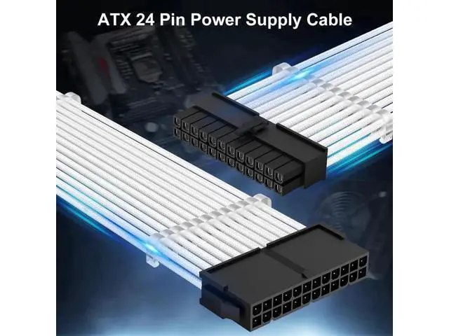 Alt view image 9 of 14 - White Braided ATX 24Pin PSU Extension Cable 11.8 Inch Male to Female with 3 Cable Combs