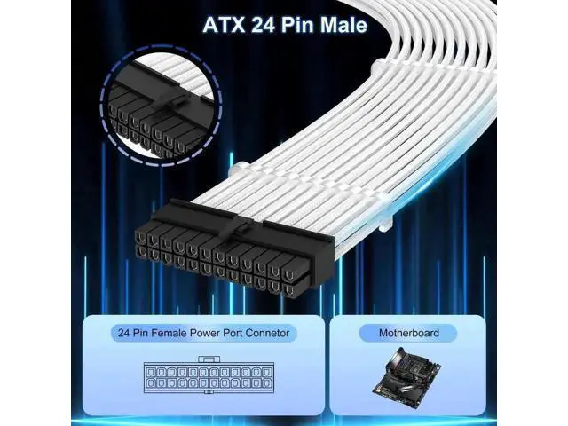 Alt view image 13 of 14 - White Braided ATX 24Pin PSU Extension Cable 11.8 Inch Male to Female with 3 Cable Combs