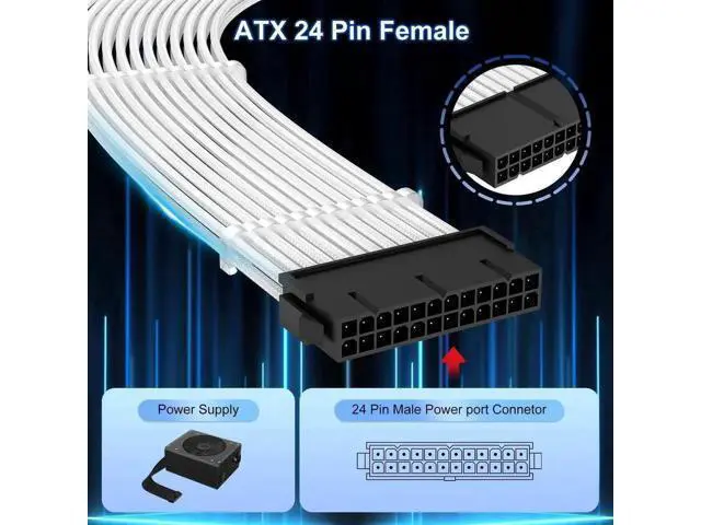 Alt view image 12 of 14 - White Braided ATX 24Pin PSU Extension Cable 11.8 Inch Male to Female with 3 Cable Combs