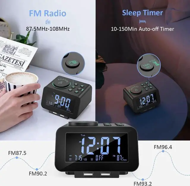 Alt view image 8 of 10 - uscce Digital Dual Alarm Clock Radio - 0-100% Dimmer with Weekday/Weekend Mode, 6 Sounds Adjustable Volume, FM Radio w/Sleep Timer, Snooze, 2 USB Charging Ports, Thermometer, Battery Backup