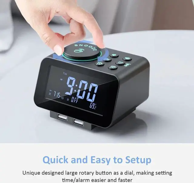 Alt view image 7 of 10 - uscce Digital Dual Alarm Clock Radio - 0-100% Dimmer with Weekday/Weekend Mode, 6 Sounds Adjustable Volume, FM Radio w/Sleep Timer, Snooze, 2 USB Charging Ports, Thermometer, Battery Backup