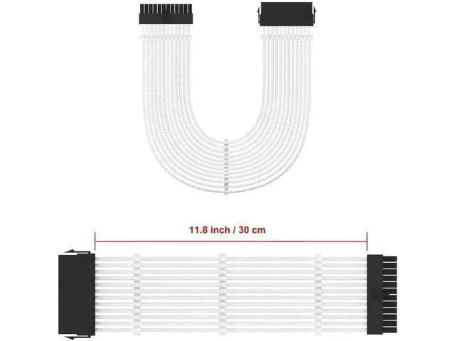 Alt view image 14 of 14 - White Braided ATX 24Pin PSU Extension Cable 11.8 Inch Male to Female with 3 Cable Combs