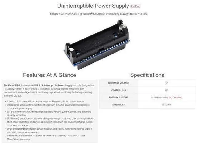 Alt view image 8 of 10 - UPS Module for Raspberry Pi Pico with Uninterruptible Power Supply Monitoring Battery Status Via I2C