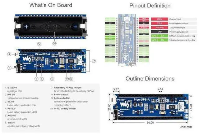Alt view image 10 of 10 - UPS Module for Raspberry Pi Pico with Uninterruptible Power Supply Monitoring Battery Status Via I2C