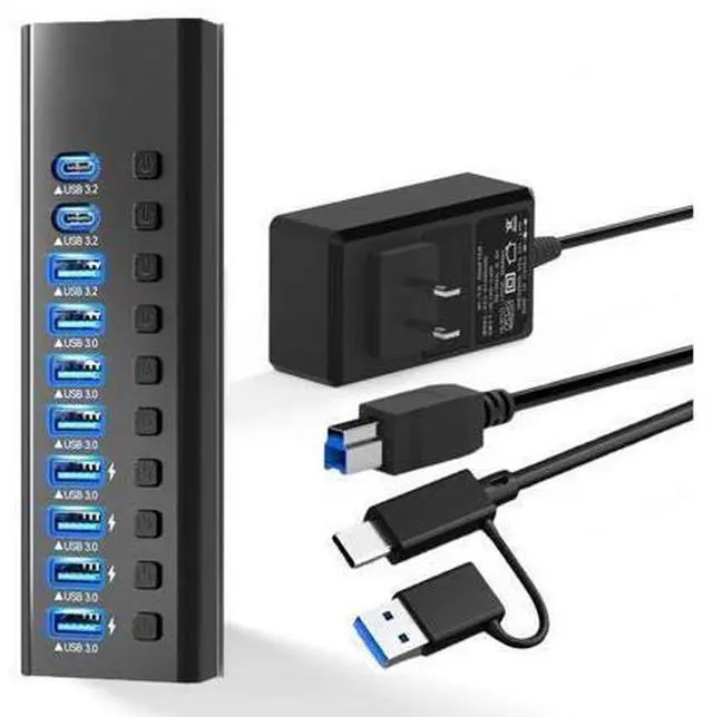 Alt view image 8 of 14 - XJYLCPC Powered USB Hub, 10-Port USB 3.0 Hub Splitter (4 USB 3.0 Data Ports + USB-C 3.0 Ports + 1 USB-A 3.2 Ports ) with Individual LED On/Off Switches, USB Hub 3.0 Powered with 48W AC Adapter