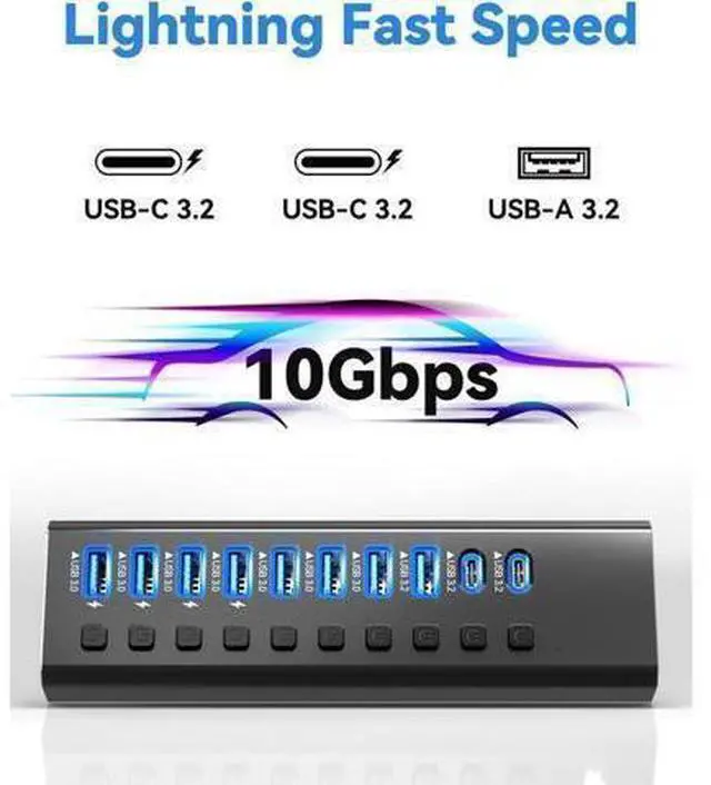 Alt view image 9 of 14 - XJYLCPC Powered USB Hub, 10-Port USB 3.0 Hub Splitter (4 USB 3.0 Data Ports + USB-C 3.0 Ports + 1 USB-A 3.2 Ports ) with Individual LED On/Off Switches, USB Hub 3.0 Powered with 48W AC Adapter