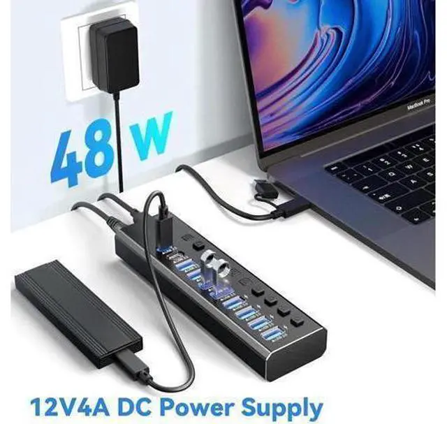 Alt view image 10 of 14 - XJYLCPC Powered USB Hub, 10-Port USB 3.0 Hub Splitter (4 USB 3.0 Data Ports + USB-C 3.0 Ports + 1 USB-A 3.2 Ports ) with Individual LED On/Off Switches, USB Hub 3.0 Powered with 48W AC Adapter