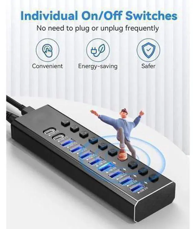 Alt view image 11 of 14 - XJYLCPC Powered USB Hub, 10-Port USB 3.0 Hub Splitter (4 USB 3.0 Data Ports + USB-C 3.0 Ports + 1 USB-A 3.2 Ports ) with Individual LED On/Off Switches, USB Hub 3.0 Powered with 48W AC Adapter