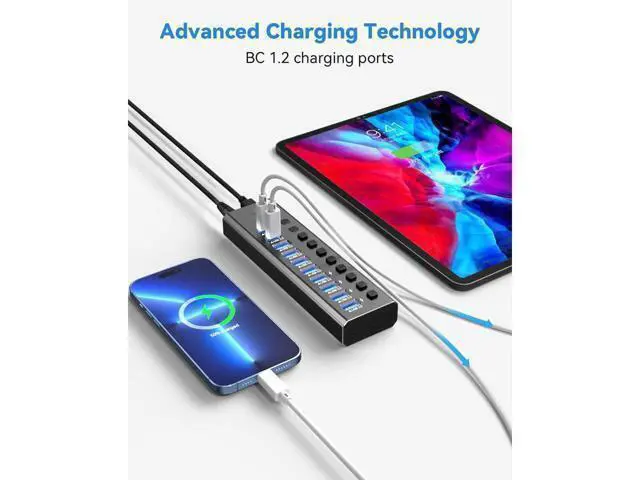 Alt view image 12 of 14 - XJYLCPC Powered USB Hub, 10-Port USB 3.0 Hub Splitter (4 USB 3.0 Data Ports + USB-C 3.0 Ports + 1 USB-A 3.2 Ports ) with Individual LED On/Off Switches, USB Hub 3.0 Powered with 48W AC Adapter