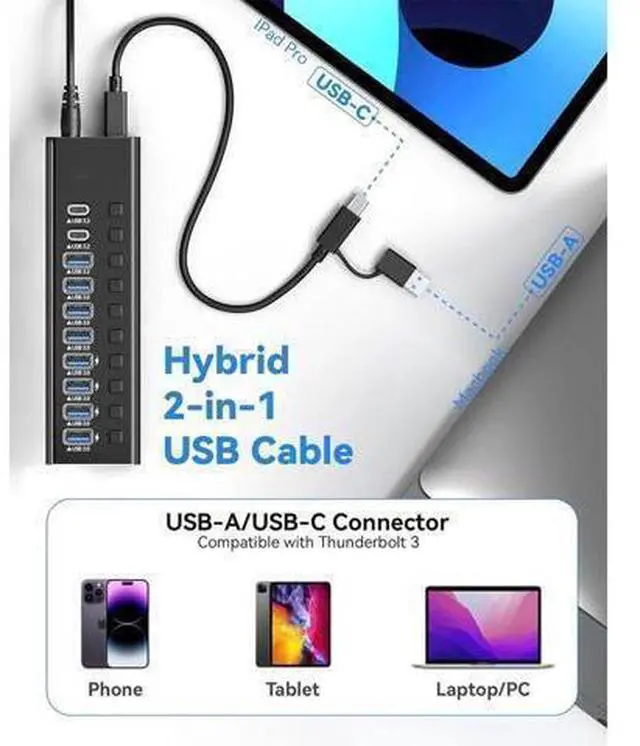 Alt view image 13 of 14 - XJYLCPC Powered USB Hub, 10-Port USB 3.0 Hub Splitter (4 USB 3.0 Data Ports + USB-C 3.0 Ports + 1 USB-A 3.2 Ports ) with Individual LED On/Off Switches, USB Hub 3.0 Powered with 48W AC Adapter