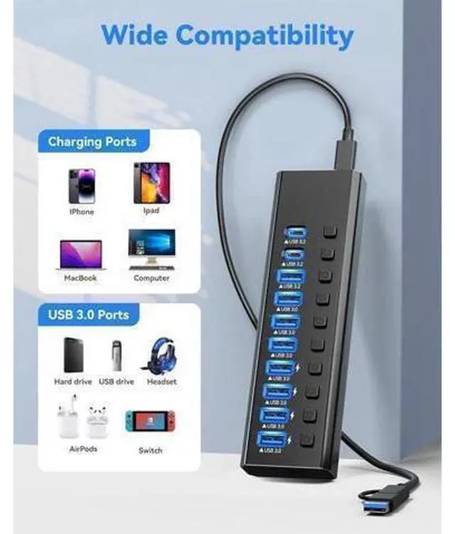 Alt view image 14 of 14 - XJYLCPC Powered USB Hub, 10-Port USB 3.0 Hub Splitter (4 USB 3.0 Data Ports + USB-C 3.0 Ports + 1 USB-A 3.2 Ports ) with Individual LED On/Off Switches, USB Hub 3.0 Powered with 48W AC Adapter