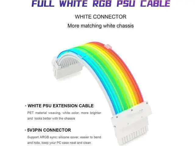 Alt view image 13 of 14 - RGB PSU Cables,ARGB Motherboard Power Supply Cable,24 Pin Sleeved Cable Extension Kit,Strimer Extension Cable Kit 5V 3Pin Synchronized,Customed White PC Chassis(White Connector A Style)