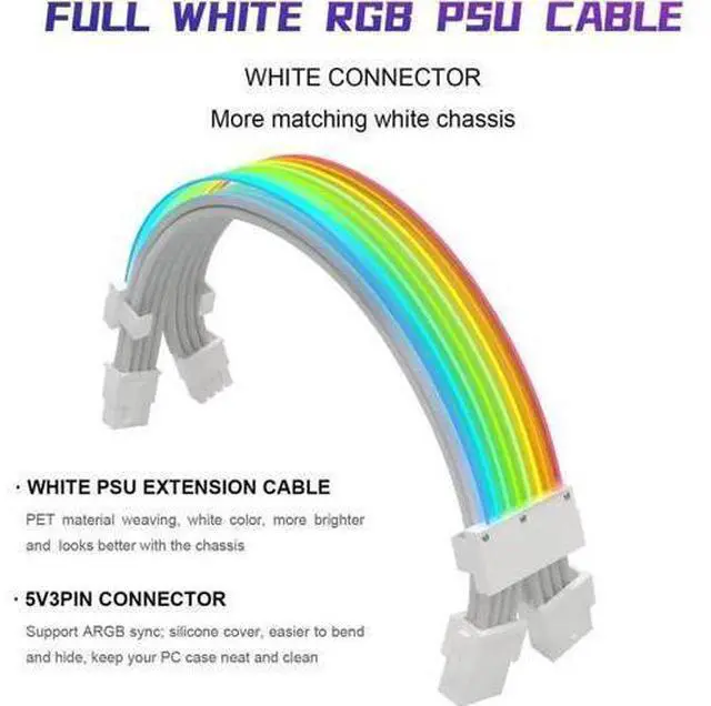 Alt view image 8 of 8 - RGB PSU Cables,Full White ARGB GPU Power Supply Cable 2 * 8(6+2) Pin,Strimer Extension Cable Kit 5V 3Pin Synchronized,Customed White PC Chassis (White Connector A Style)