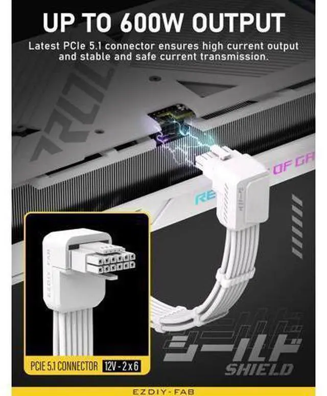 Alt view image 9 of 14 - Aomoproing Shield PCIE 5.1 GPU Extension Cable with 90 Degree 12V-2x6 Angle Adapter,16pin (12+4) 12VHPWR PCIe 5.1 PSU Cable Extension for RTX 40/50 Series with Combs-Reverse Type-White