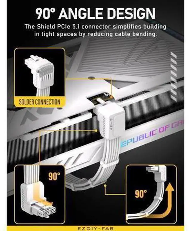 Alt view image 12 of 14 - Aomoproing Shield PCIE 5.1 GPU Extension Cable with 90 Degree 12V-2x6 Angle Adapter,16pin (12+4) 12VHPWR PCIe 5.1 PSU Cable Extension for RTX 40/50 Series with Combs-Reverse Type-White