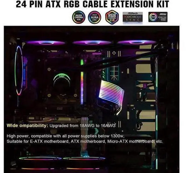 Alt view image 5 of 6 - Power Supply Sleeved Cable, Customization 24 Pin Atx Rgb Cable Extension Kit 16Awg, 5V 3Pin Synchronized Psu Cable For Rgb Software From All Major Motherboard Cable Management