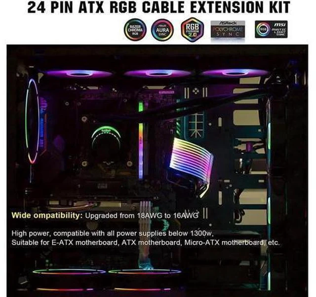 Alt view image 10 of 12 - Aomoproing Power Supply Sleeved Cable, Customization 24 Pin Atx Rgb Cable Extension Kit 16Awg, 5V 3Pin Synchronized Psu Cable For Rgb Software From All Major Motherboard Cable Management