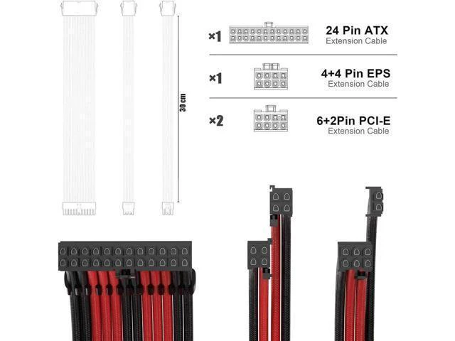 Alt view image 8 of 8 - Aomoproing PSU Cable Extension Kit 30CM Length with Cable Combs 1x24Pin/1x8Pin(4+4) EPS/2x8Pin(6P+2P) PCI-E/PC Sleeved Cable for ATX Power Supply(Black & Red)