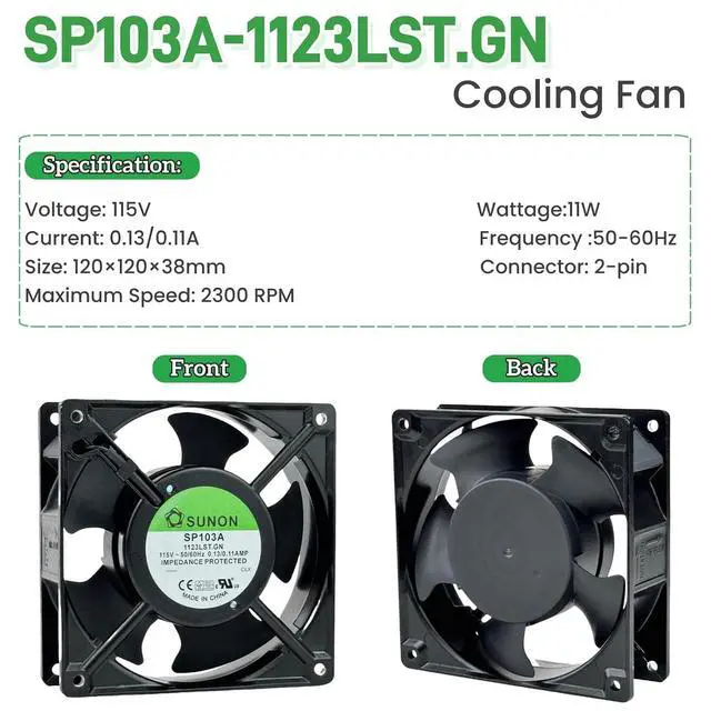 Alt view image 10 of 14 - for SUNON SP103A 1123LST.GN Cooling Fan,115V 50/60Hz 0.13/0.11AMP 12038 120×38mm Dual Ball Bearing Cooling Fan,2300RPM 2-pin Connector