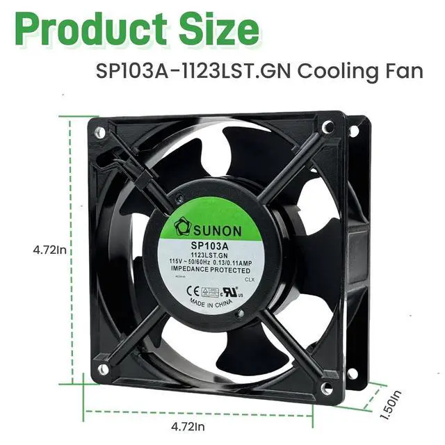 Alt view image 11 of 14 - for SUNON SP103A 1123LST.GN Cooling Fan,115V 50/60Hz 0.13/0.11AMP 12038 120×38mm Dual Ball Bearing Cooling Fan,2300RPM 2-pin Connector