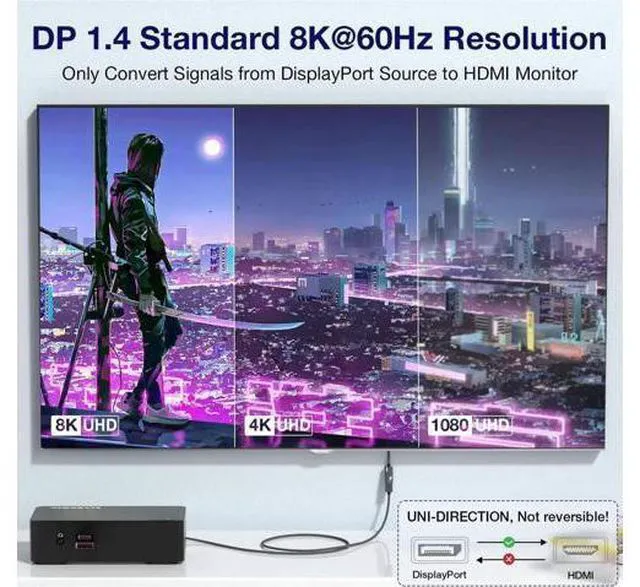 Alt view image 14 of 14 - 8K@60Hz DisplayPort to HDMI Adapter, Uni-Directional DP 1.4a to HDMI 2.1 Converter Cable, Support 8K, 4K@120Hz, 2K@240Hz, VRR, HDR, HDCP 2.3, DSC 1.2a for HP, ASUS, DELL, GPU, AMD, NVIDIA