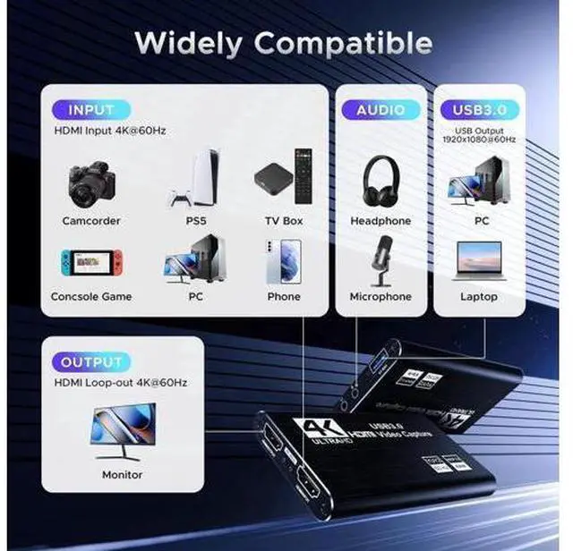 Alt view image 10 of 14 - AOMOPROING Video Capture Card, Audio Video Capture Card, USB 3.0 Capture Card 4K HDMI Loop-Out, 1080P 60FPS/2K 30FPS Video Game Capture for Streaming Works for PS5/Switch/Camera/PC/OBS(Black)