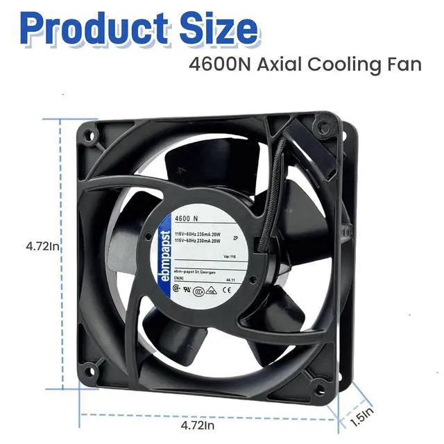 Alt view image 9 of 14 - for ebmpapst 4600N Axial Fan115V 12038 Industrial Cooling Fan All-Metal Heat-Resistant Cooling Fan 4600N, 2-Pin 20W