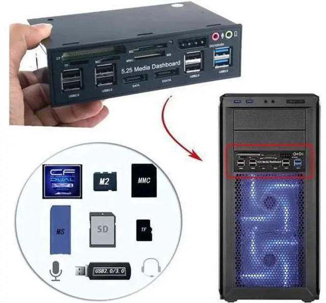 Alt view image 9 of 14 - Multi-Function USB Internal Card Reader 3.0 Hub with eSATA SATA Port PC Dashboard Media Front Panel Audio for SD MS CF TF M2 MMC Memory Cards Fits 5.25" Bay