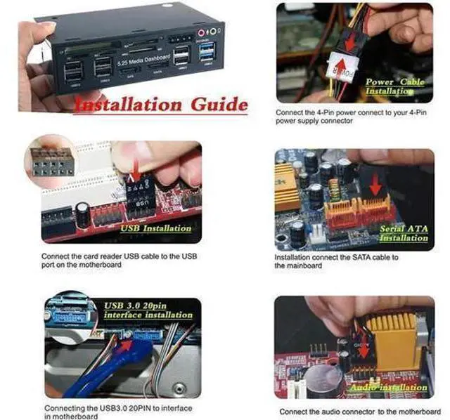 Alt view image 14 of 14 - Multi-Function USB Internal Card Reader 3.0 Hub with eSATA SATA Port PC Dashboard Media Front Panel Audio for SD MS CF TF M2 MMC Memory Cards Fits 5.25" Bay